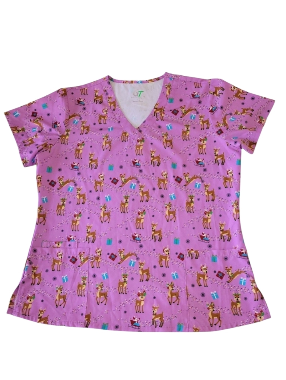 Green Town Whimsical Santa's Reindeer Party 3-Pocket Stretch V-Neck Scrub Top Lg